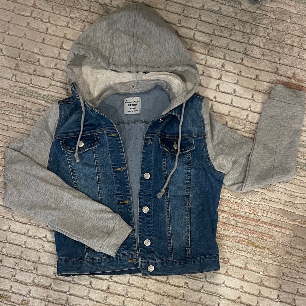 Love Tree Blue Denim Jacket with Gray Hood